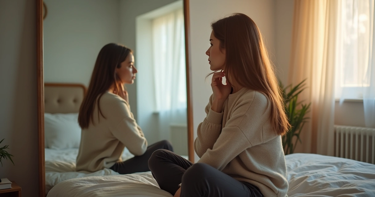 Mulher pensativa diante de espelho com versões dela mesma em torno 