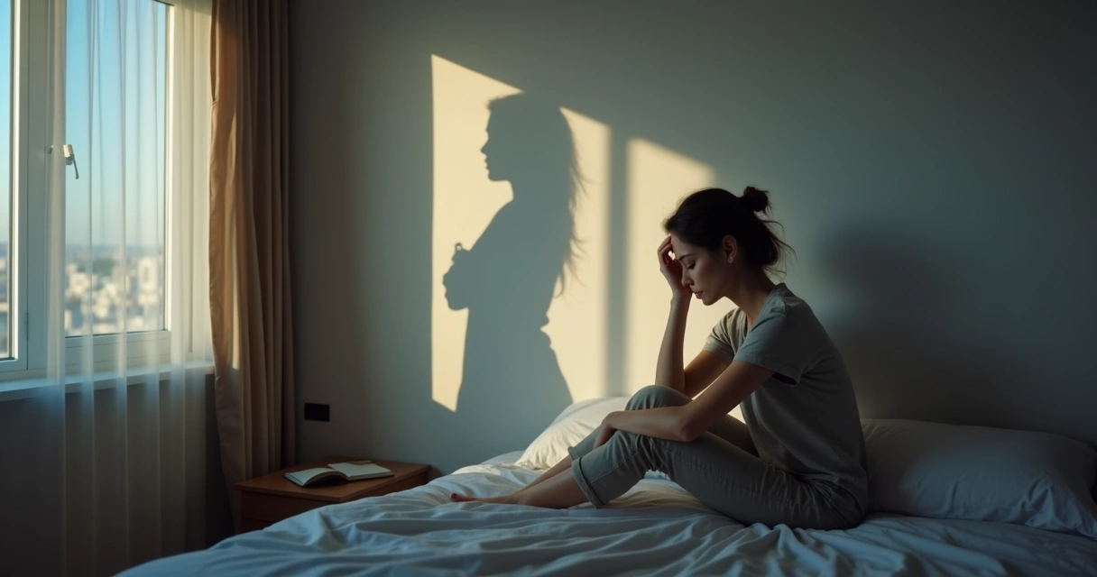 Mulher sentada pensativa segurando a cabeça em ambiente escuro com seu reflexo projetado ao fundo 