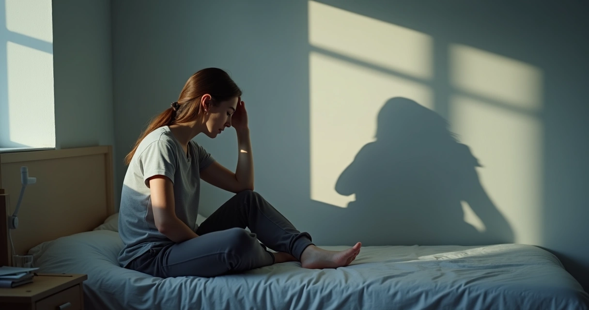 Mulher pensativa com silhueta sombria refletida simbolizando autossabotagem mental 