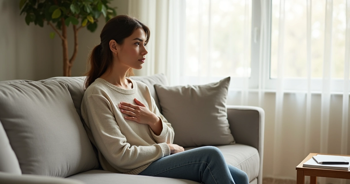 Mulher adulta sentada no sofá com expressão pensativa tocando o peito e a testa 