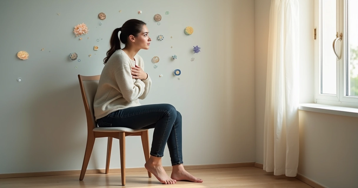 Mulher sentada olhando pela janela em postura reflexiva 