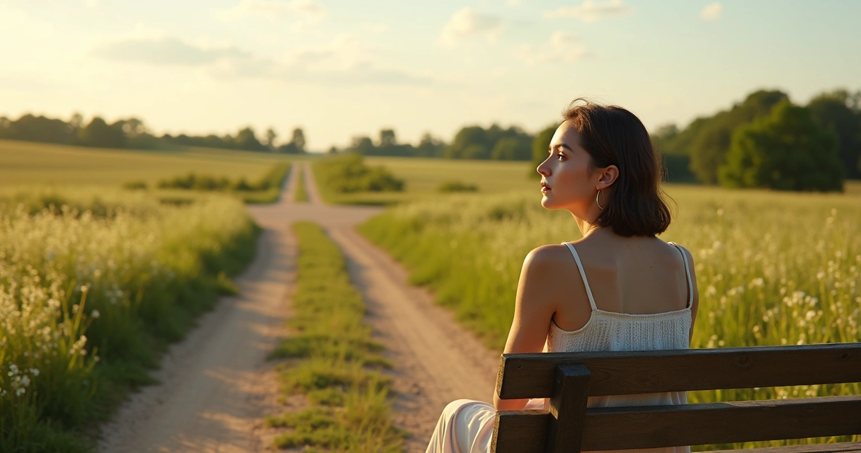 Mulher sentada próxima a dois caminhos de terra, olhando para frente como quem pondera escolhas 