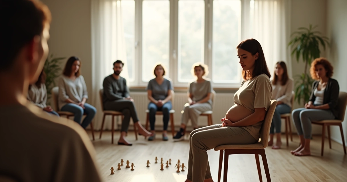 Mulher sentada em círculo terapêutico em momento de introspecção 