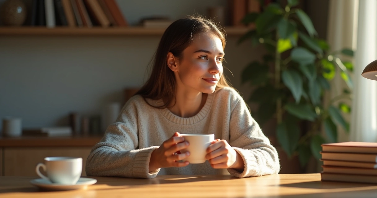 Mulher sentada com olhar reflexivo, segurando uma xícara sobre uma mesa de madeira, ambiente iluminado. 