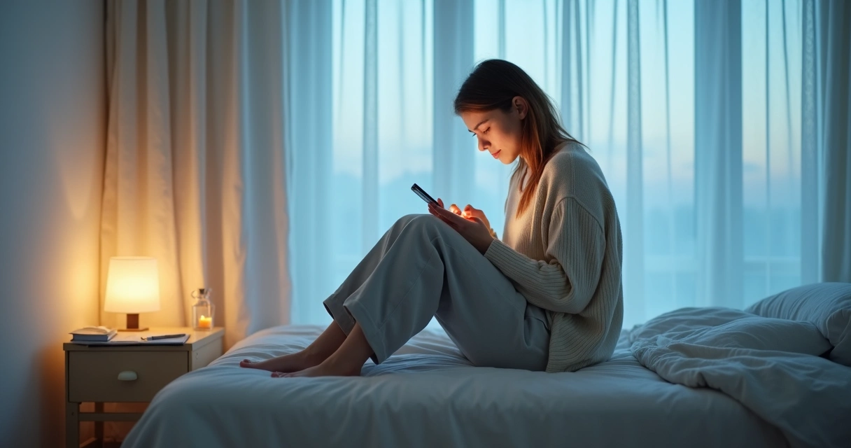 Mulher sentada na cama olhando para o celular com expressão de dúvida 