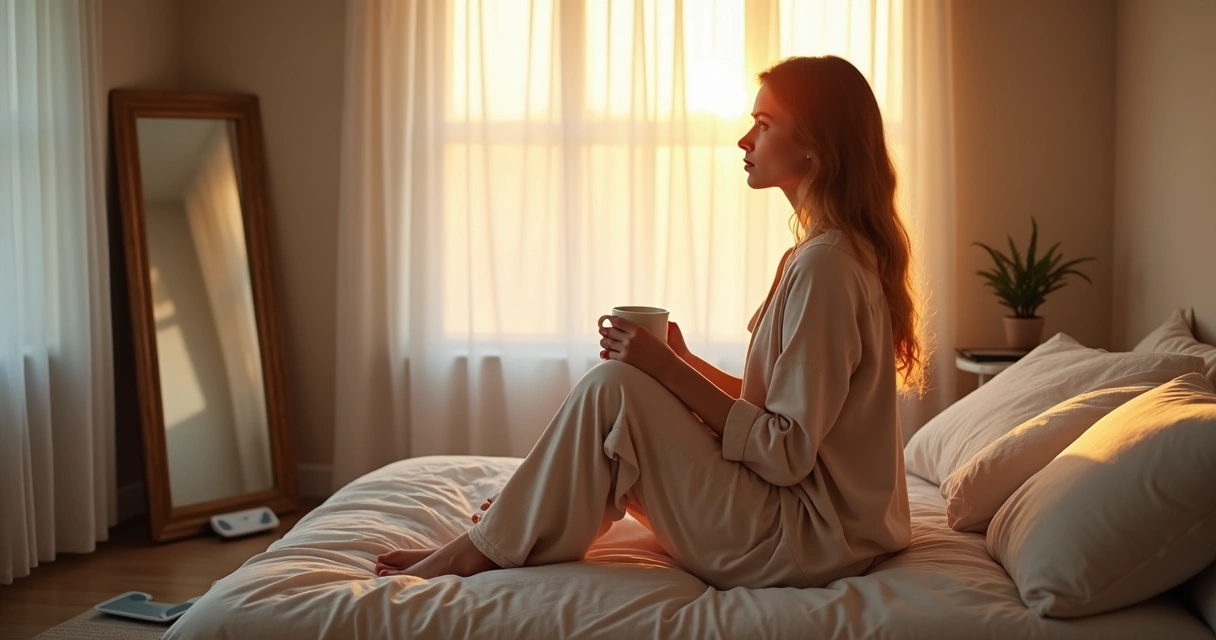 Mulher sentada na cama olhando pela janela em atitude de reflexão sobre o corpo 