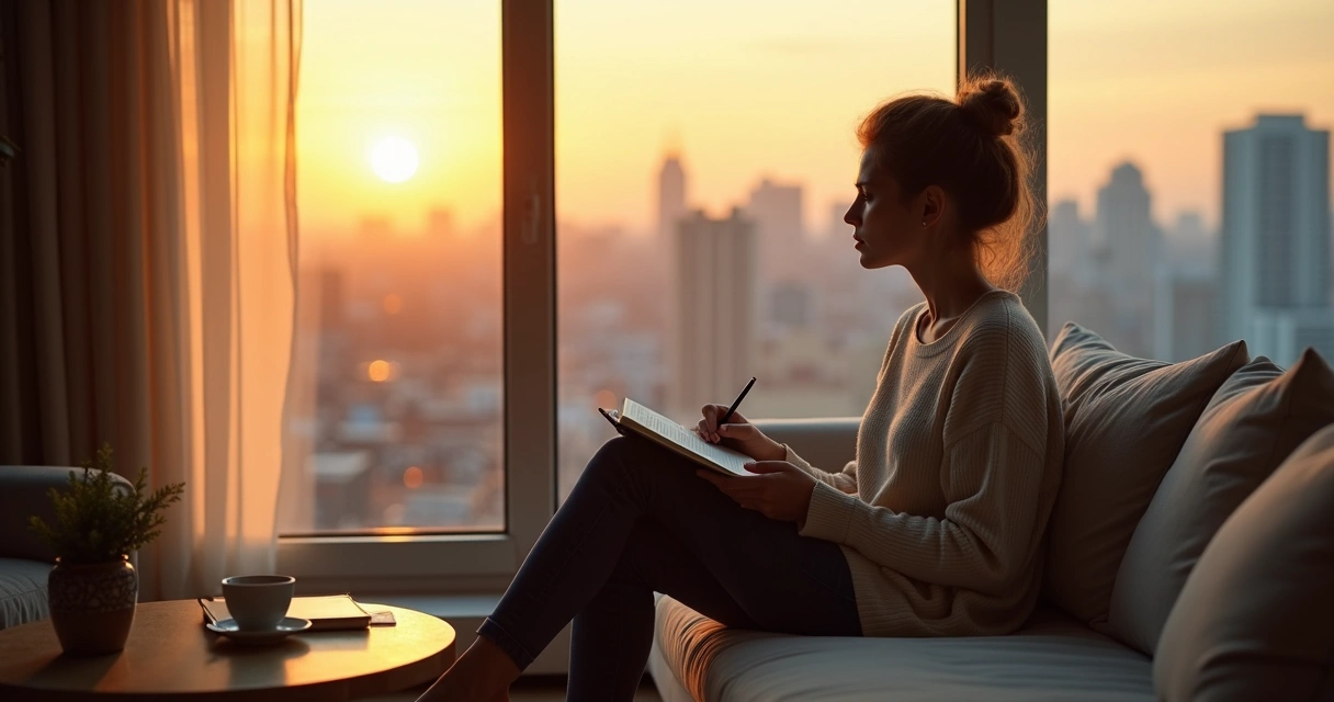 Pessoa sentada perto da janela segurando um caderno e observando a cidade ao entardecer 