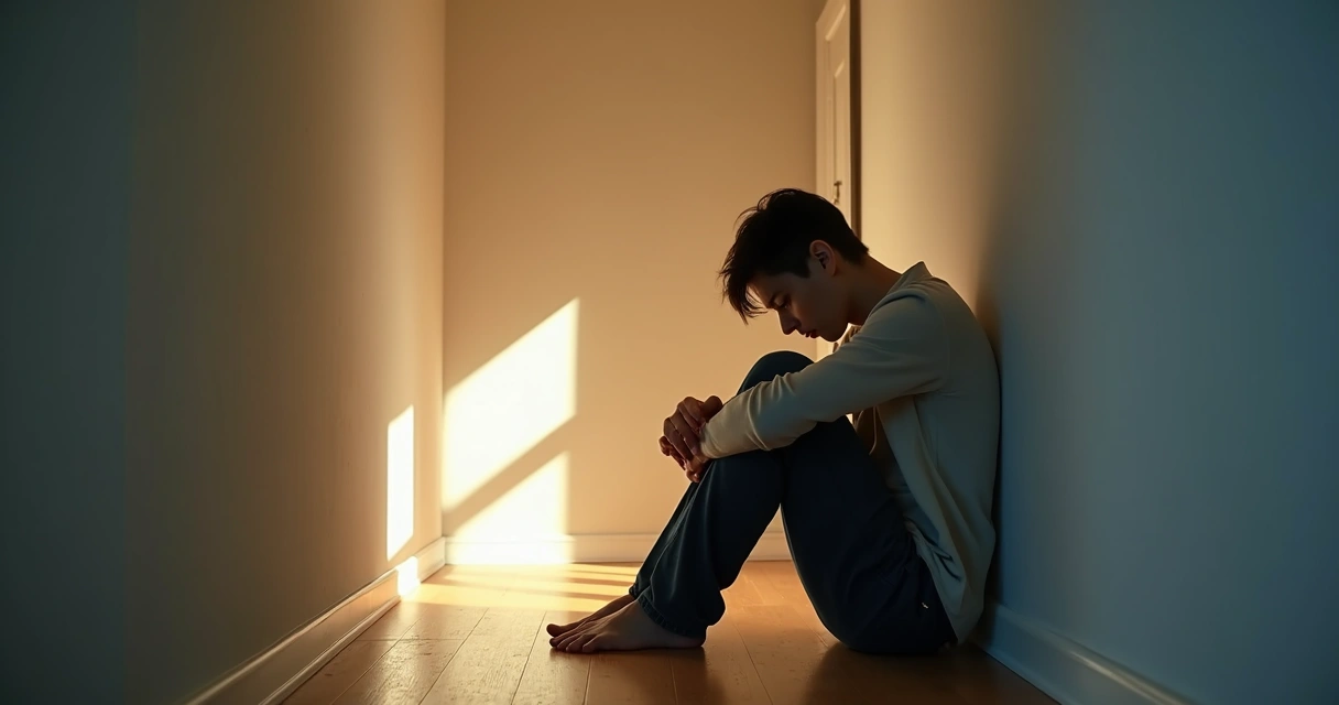 Pessoa sentada no chão encostada na parede entre luz e sombra 