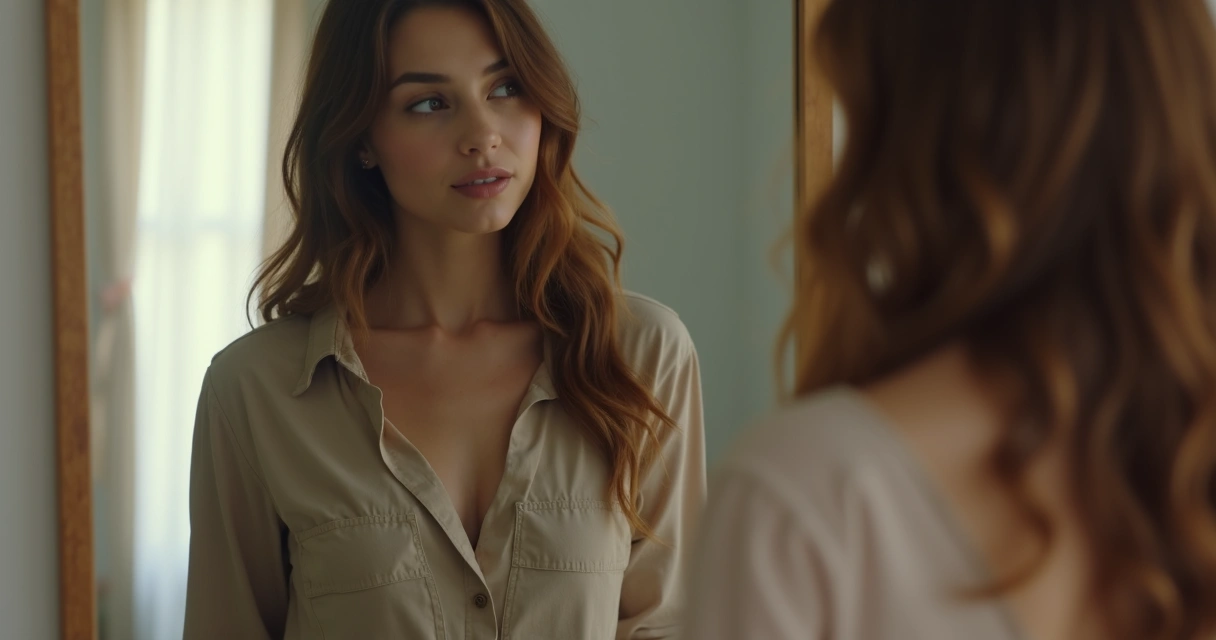 Mulher olhando para o espelho em expressão reflexiva 