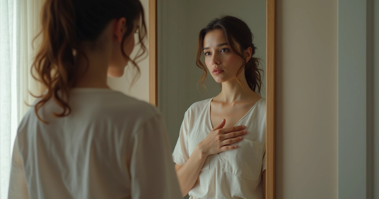 Mulher contemplando seu reflexo no espelho. 