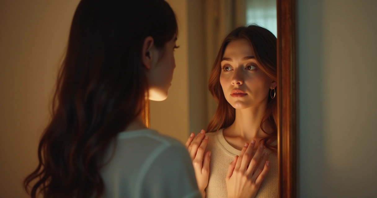 Mulher olhando seu reflexo no espelho, pensativa