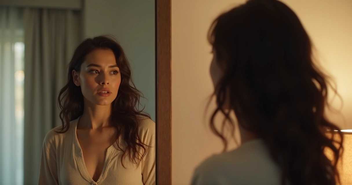 Mulher parada de frente para espelho, olhando para si mesma 