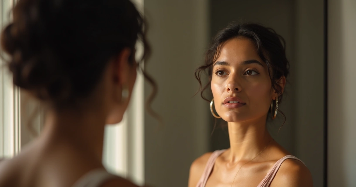 Mulher olhando para si mesma diante do espelho, expressão de reflexão e leveza. 