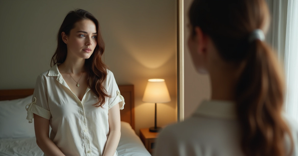 Mulher olhando para si mesma no espelho, expressão pensativa, quarto iluminado com luz suave, clima de reflexão