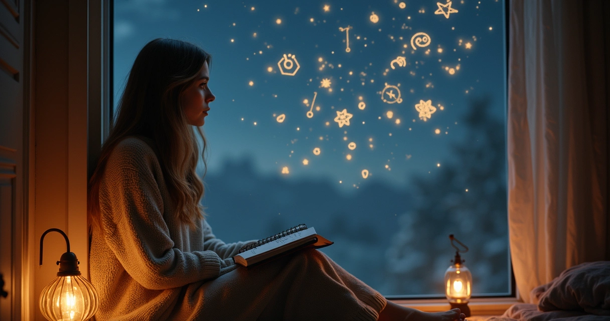 Mulher pensativa olhando estrelas e símbolos astrológicos