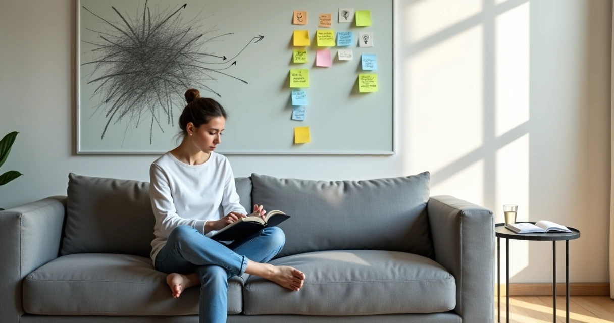 Pessoa sentada em sofá com expressão reflexiva cercada por pensamentos rabiscados e soluções organizadas em post-its 