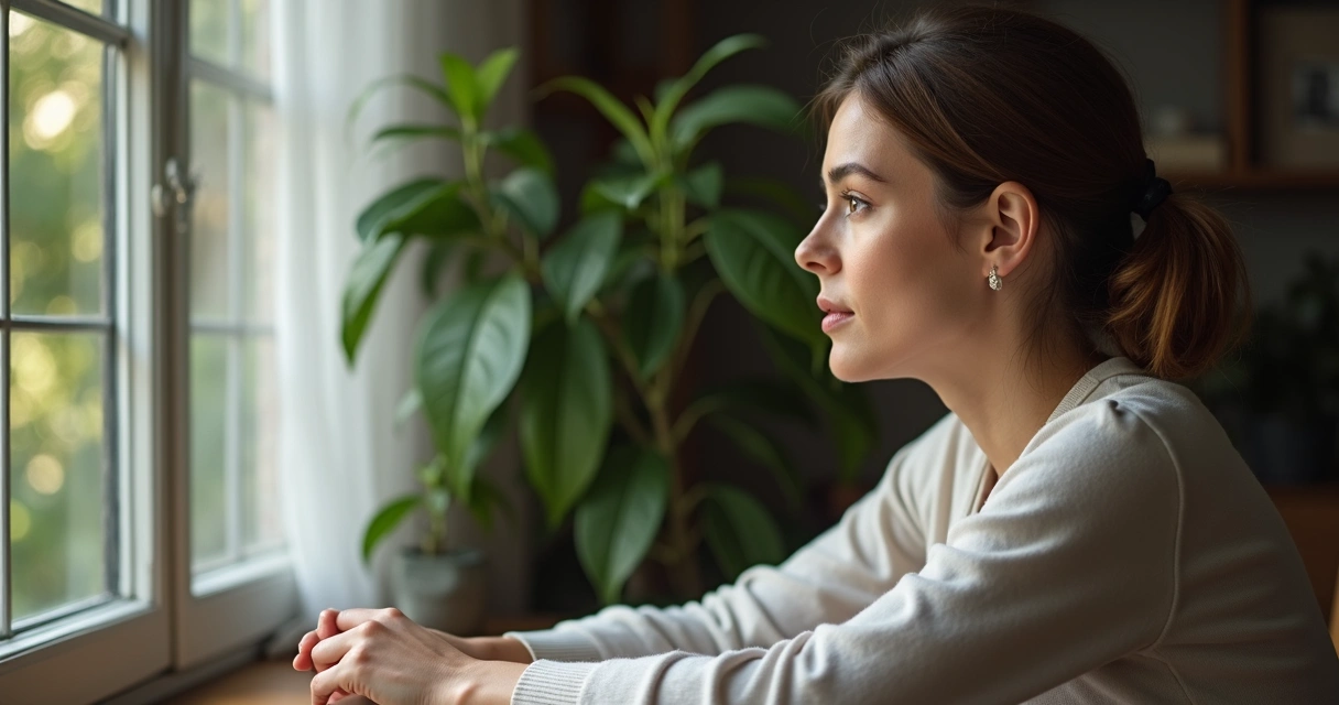 Mulher pensativa olhando pela janela com luz suave 