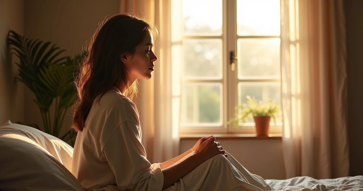 Mulher sentada refletindo à luz do sol próximo à janela 