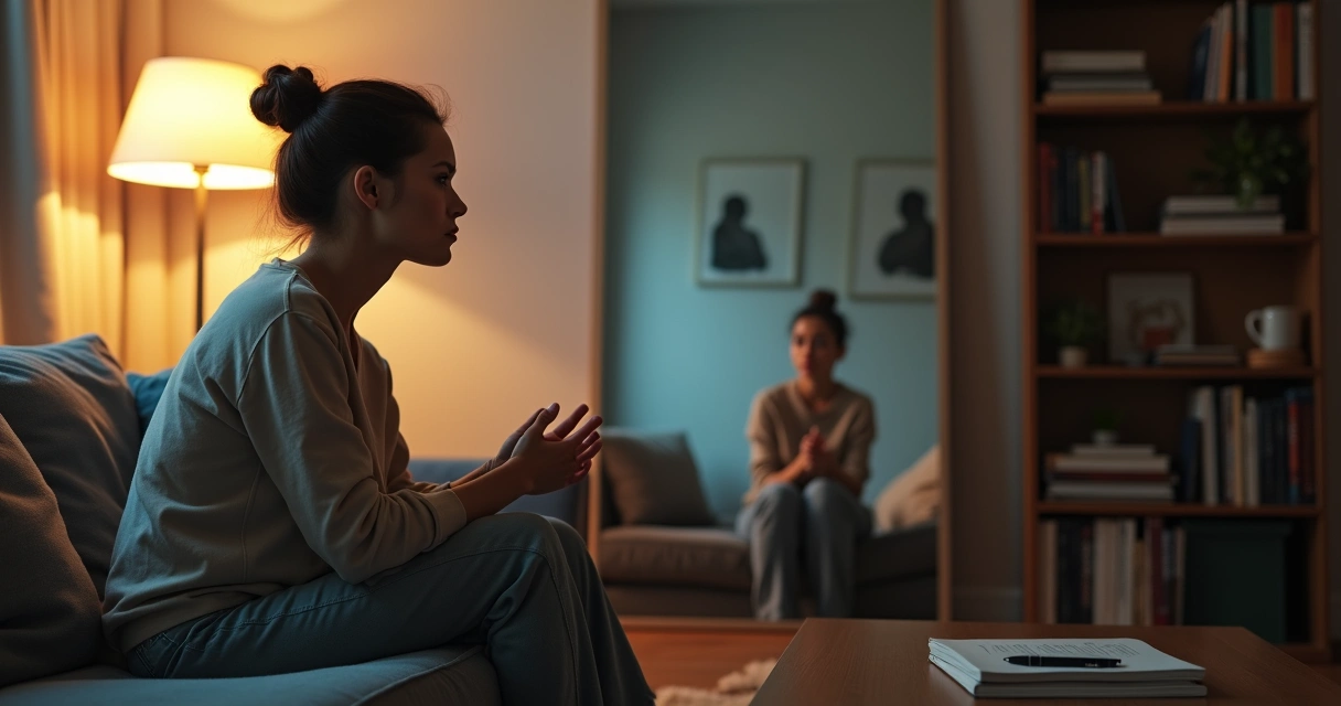 Mulher pensativa se observando em frente ao espelho com sombras ao fundo 