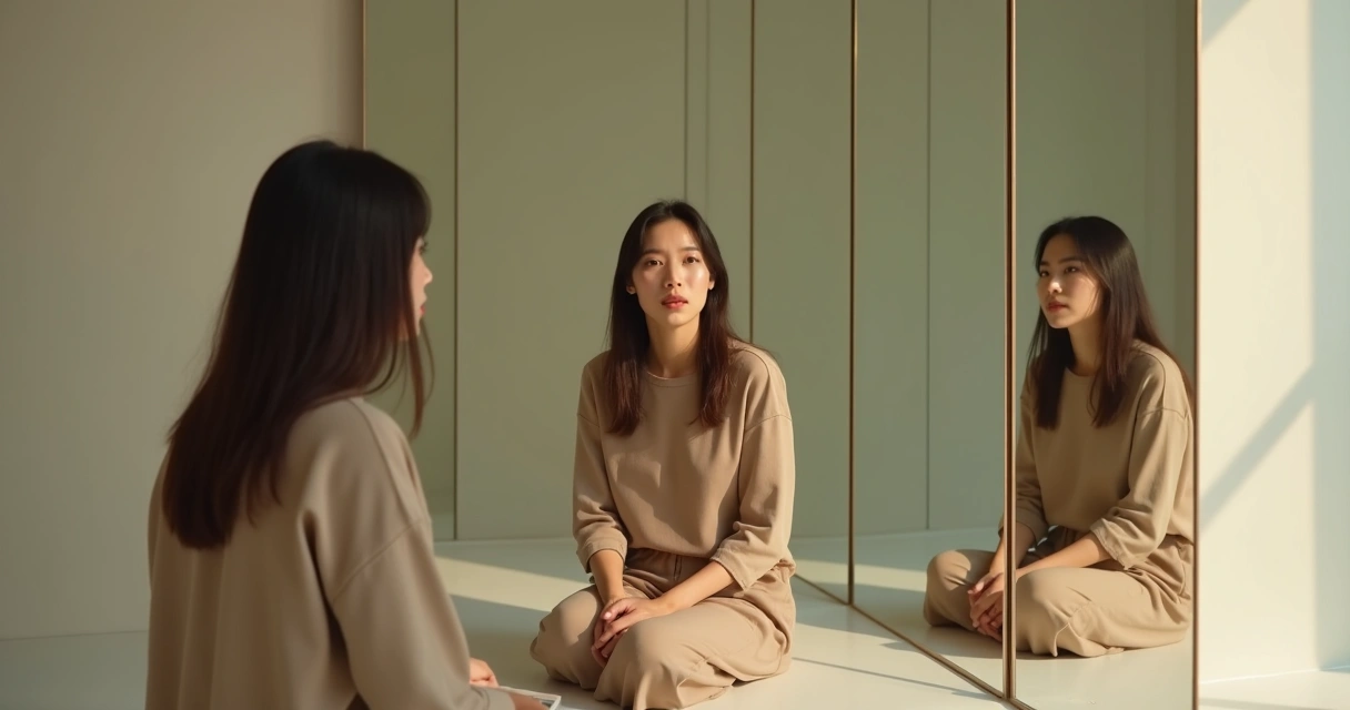 Pessoa olhando o próprio reflexo em múltiplos espelhos representando narrativas internas repetitivas 