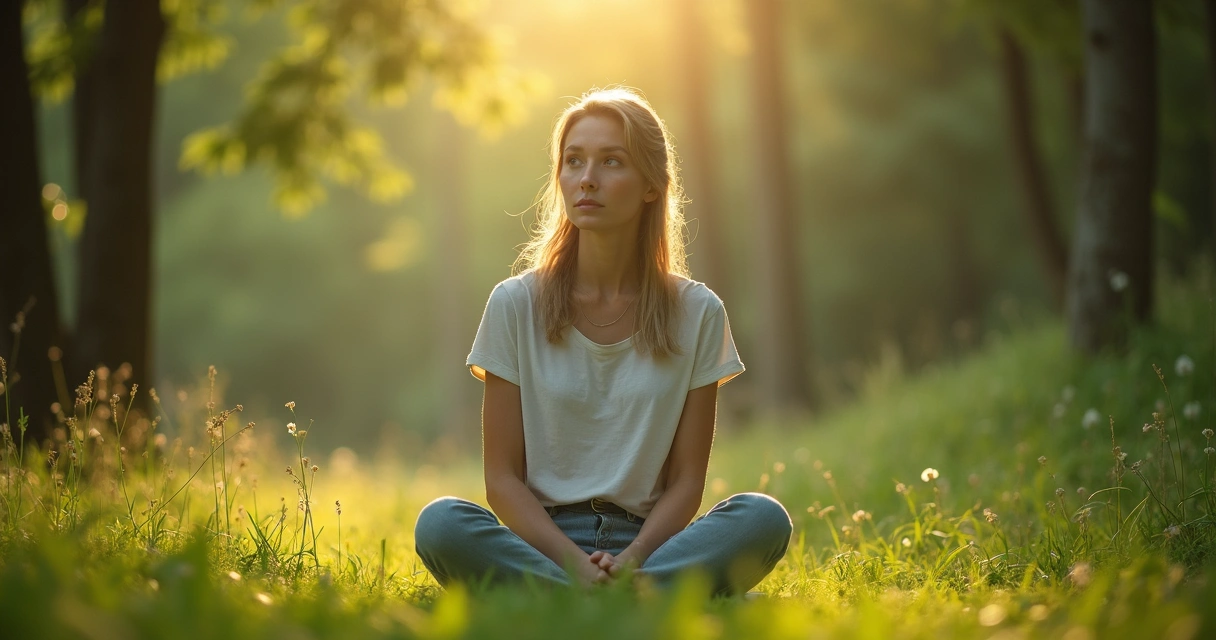 Mulher pensativa sentada em meio à natureza