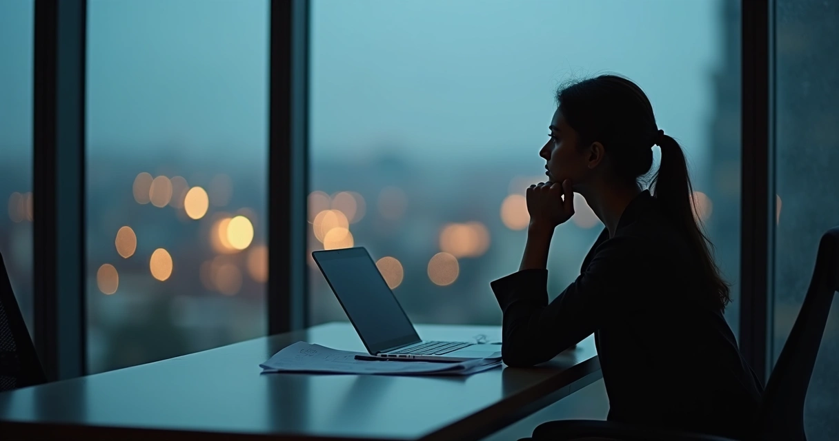 Mulher sentada sozinha refletindo em seu escritório 