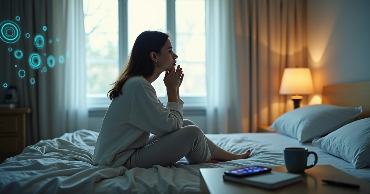 Mulher sentada na cama olhando para a janela em clima de reflexão profunda 