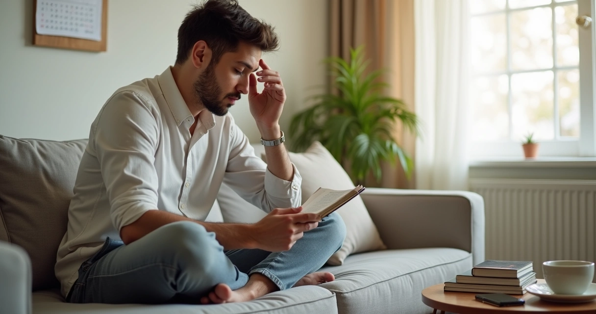 Pessoa sentada em um sofá olhando pela janela em atitude reflexiva com luz suave 