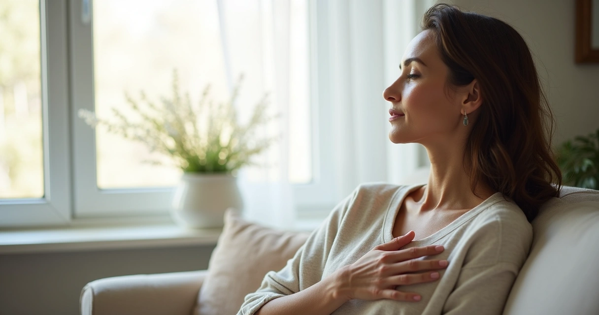 Mulher sentada em um sofá claro olhando para a janela, com expressão serena e a mão sobre o peito, sugerindo conexão e autocompaixão.