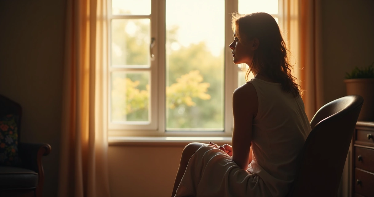Mulher sentada em cadeira, olhando pela janela de um quarto iluminado pelo sol, expressão pensativa 