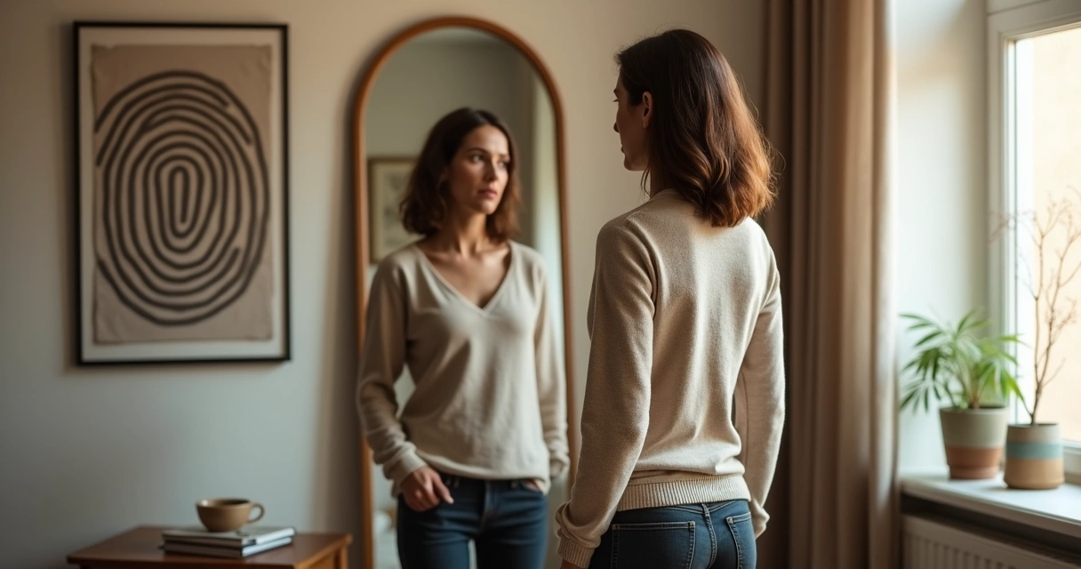 Mulher adulta se olhando no espelho com expressão reflexiva, representando repetição de padrões e autoconhecimento 