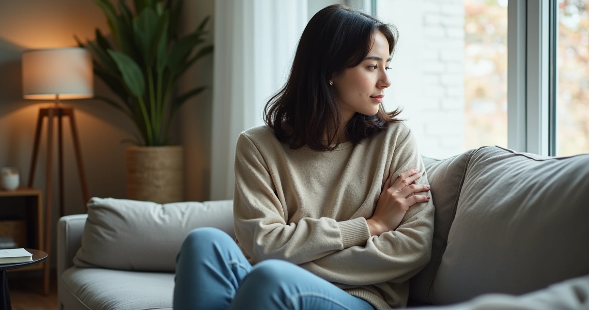 Mulher sentada no sofá olhando pela janela em postura de reflexão e tristeza 