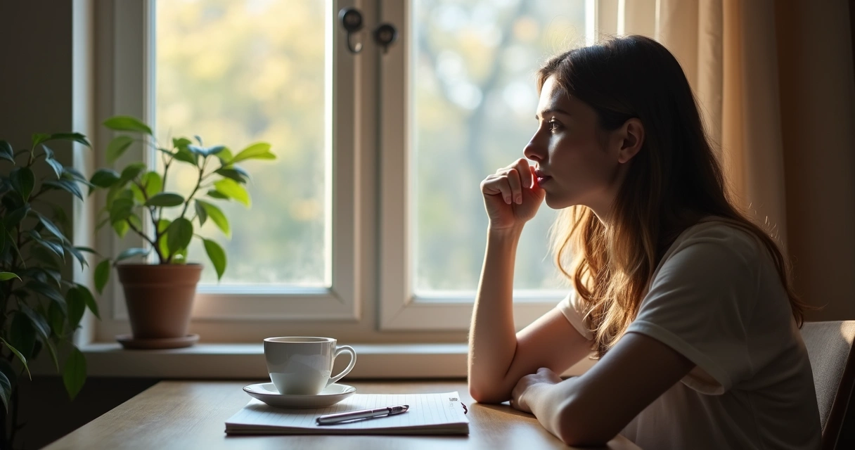 Mulher sentada olhando pela janela com expressão reflexiva, luz suave na sala 