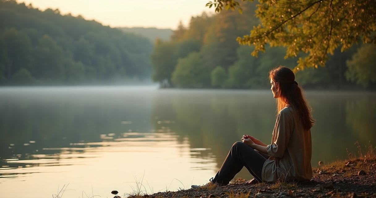 Mulher sentada sozinha olhando para um lago tranquilo com árvores atrás