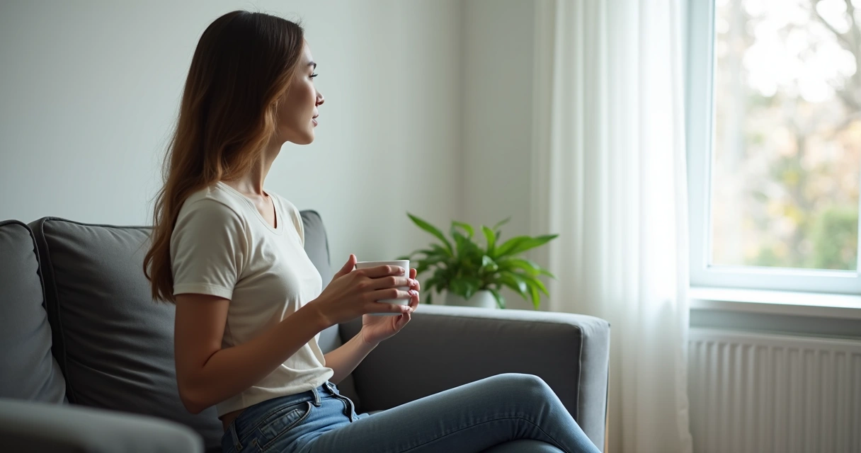 Mulher sentada no sofá olhando pela janela pensativa 