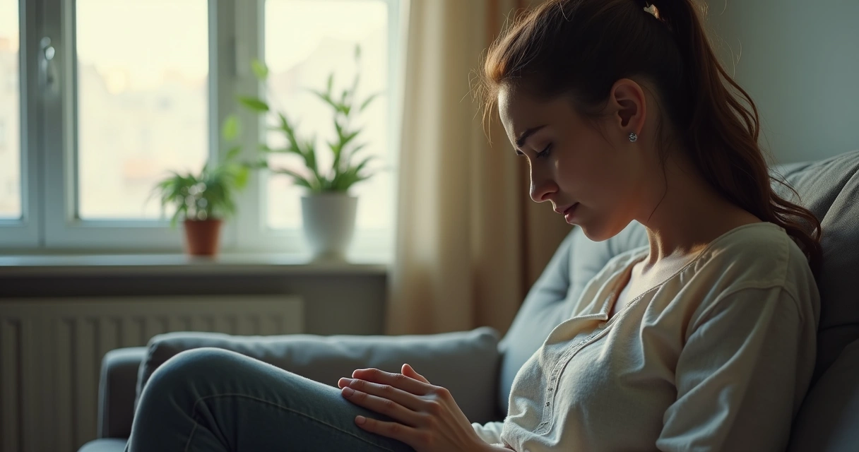 Mulher sentada no sofá olhando para baixo, ar pensativo