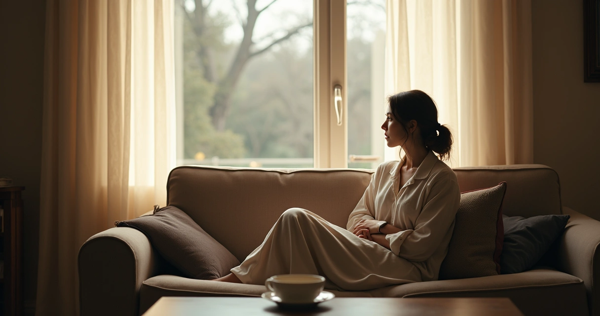 Mulher sentada no sofá olhando para fora por uma janela 