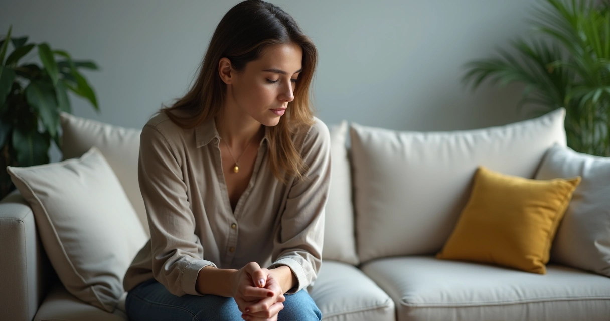 Mulher sentada pensativa no sofá olhando para baixo
