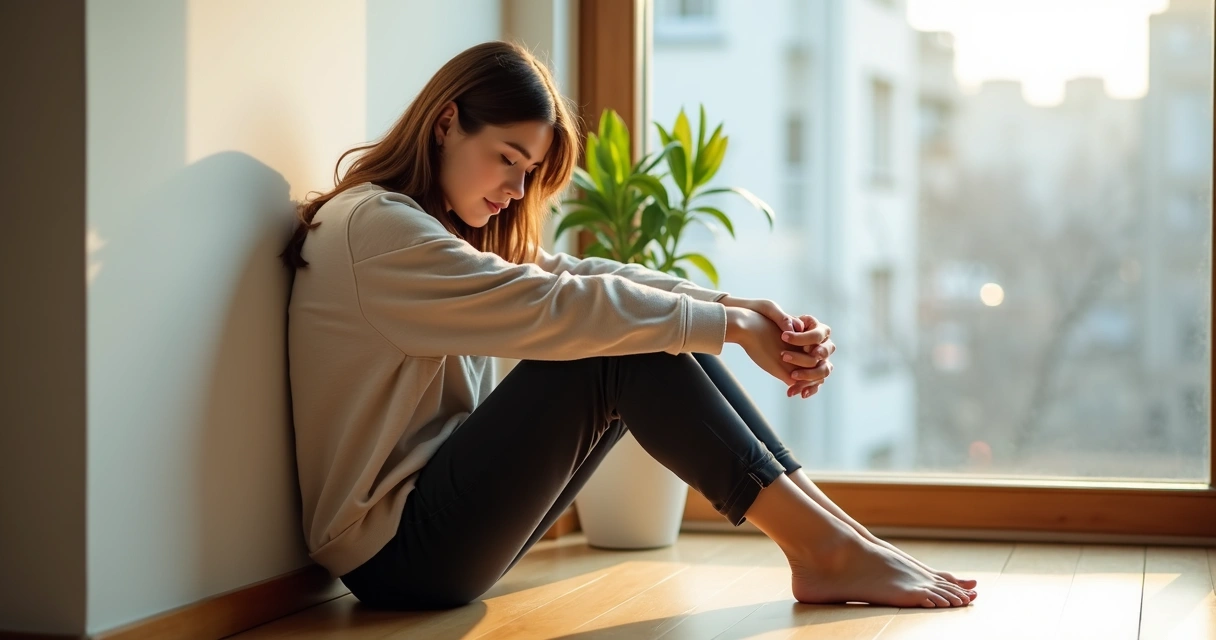 Mulher sentada perto da janela em posição reflexiva simbolizando superação das emoções difíceis 