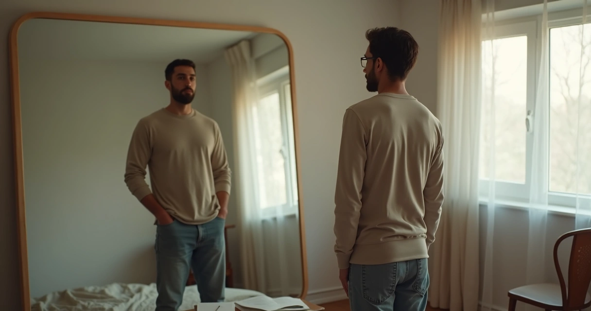 Pessoa diante do espelho em reflexão silenciosa 
