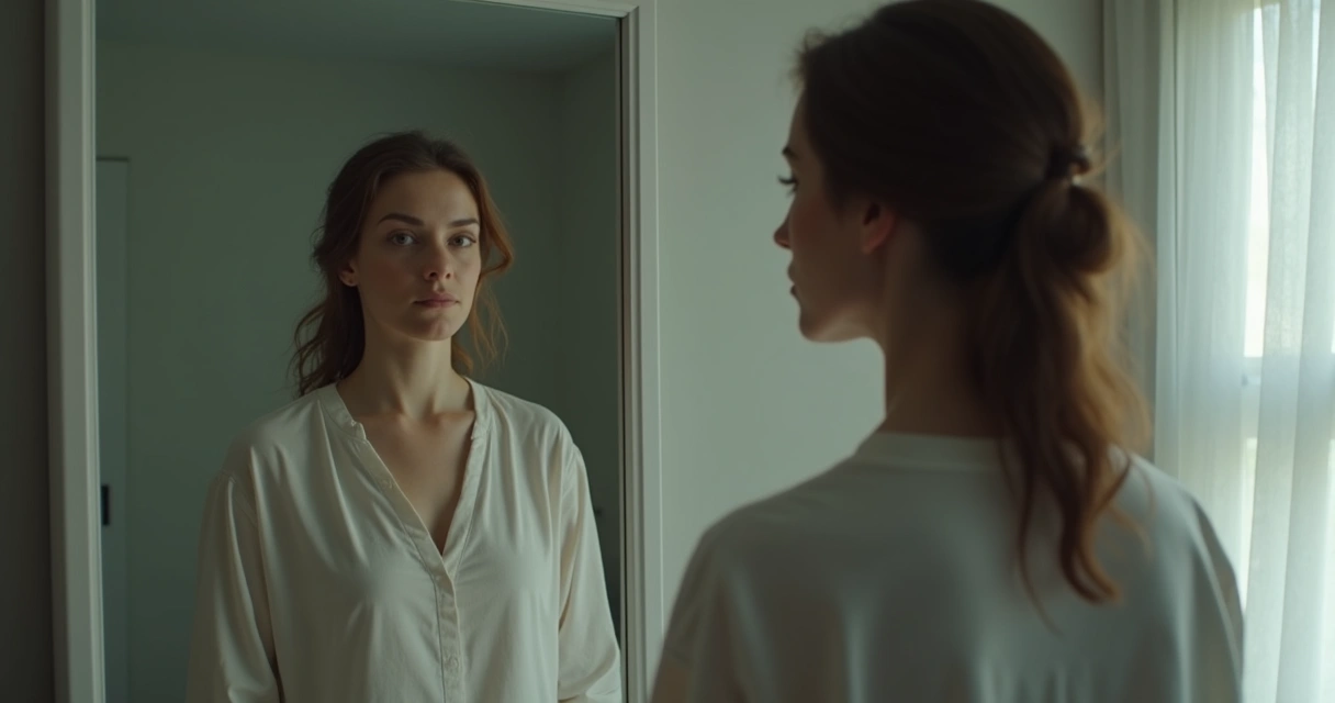 Mulher diante de espelho com dois reflexos divergentes