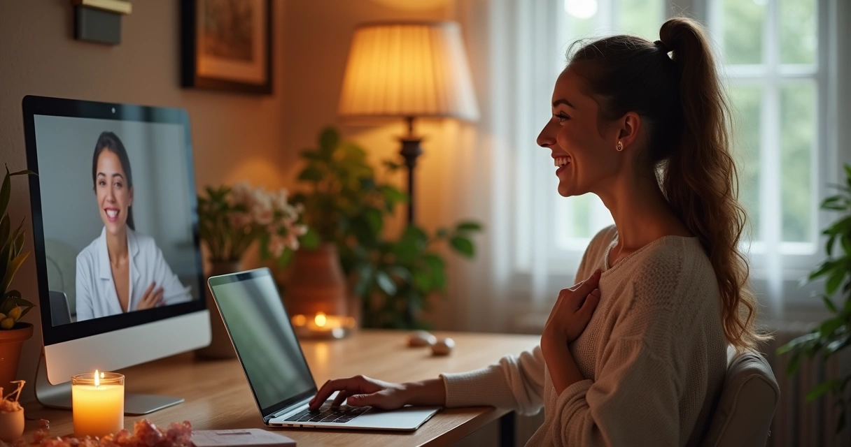 Mulher sorrindo durante sessão de Reiki online via notebook