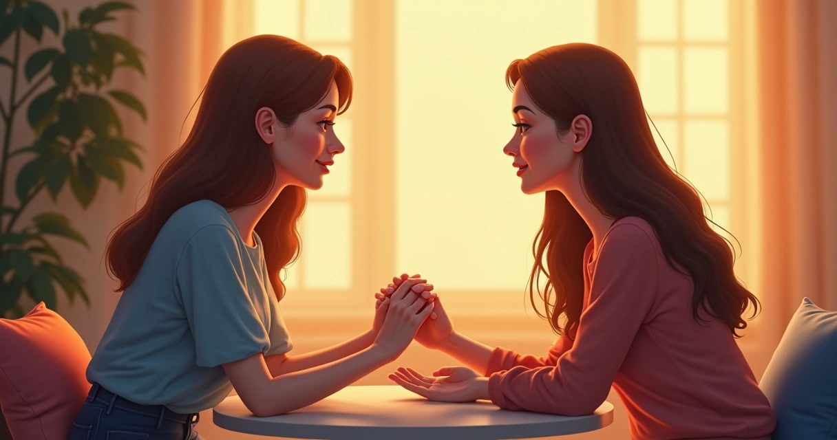 Duas mulheres conversando com expressão de compaixão e suavidade 