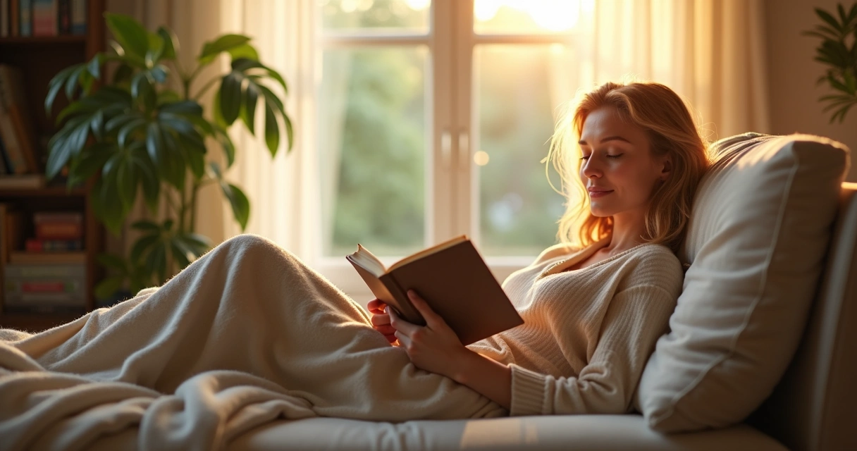 Mulher relaxando no sofá segurando um livro 