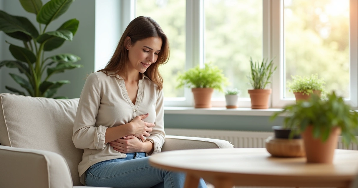 pessoa segurando a barriga com expressão de desconforto, ao lado de alimentos digestivos (gengibre, chá, vegetais).