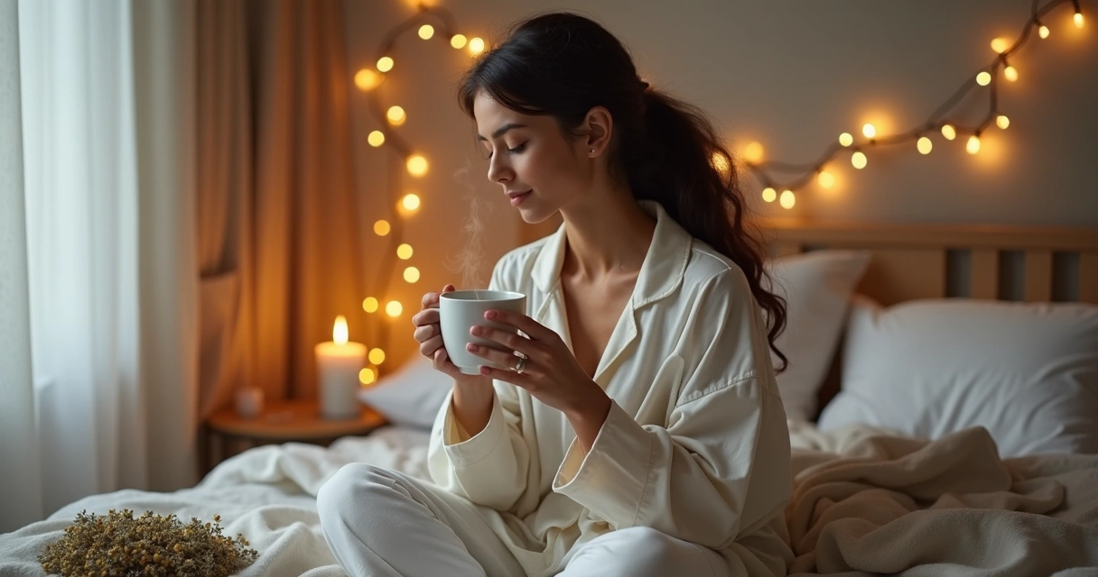 Mulher sentada relaxando com xícara de chá na mão antes de dormir 