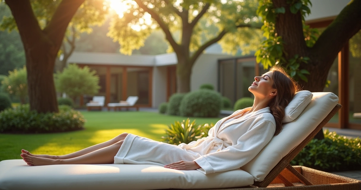 Mulher relaxando em jardim natural do spa junto a árvores centenárias 