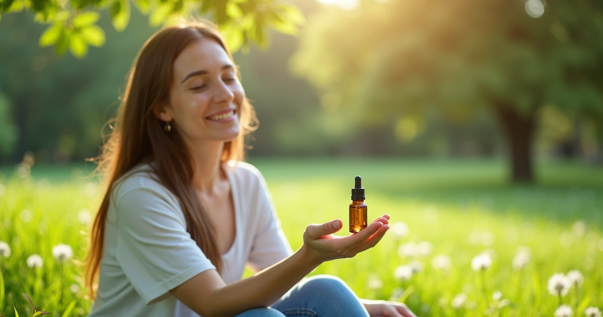 Mulher relaxando na natureza com aparência de alívio e tranquilidade 