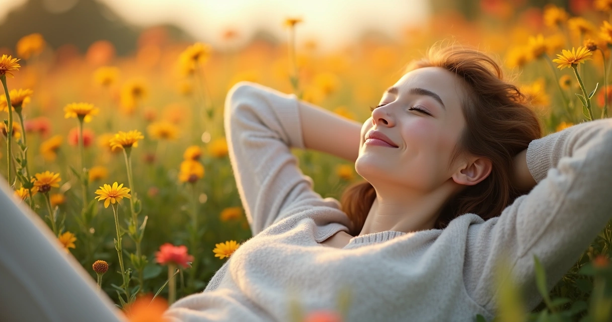 Mulher relaxando em um campo de flores 