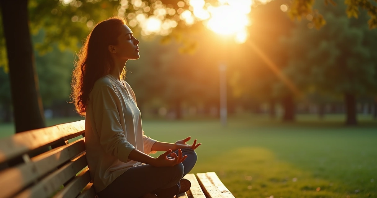Mulher sentada em parque relaxando enquanto observa a natureza 